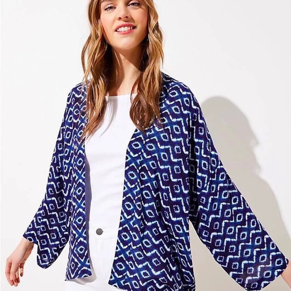 NWT LOFT Batik Kimono Navy Print XS S